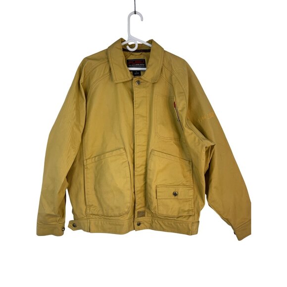 VTG 90s Fubu Yellow Coated Denim Jacket Mens XL Cotton Work RX10644 Oversize - Picture 1 of 11